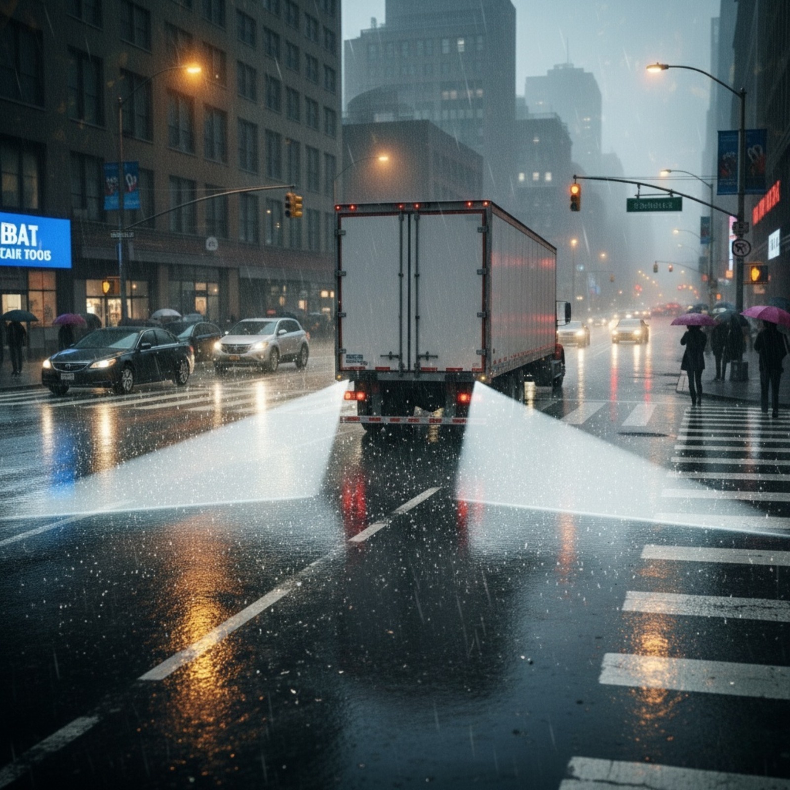 SafeBeam LED system - truck navigating rainy city conditions